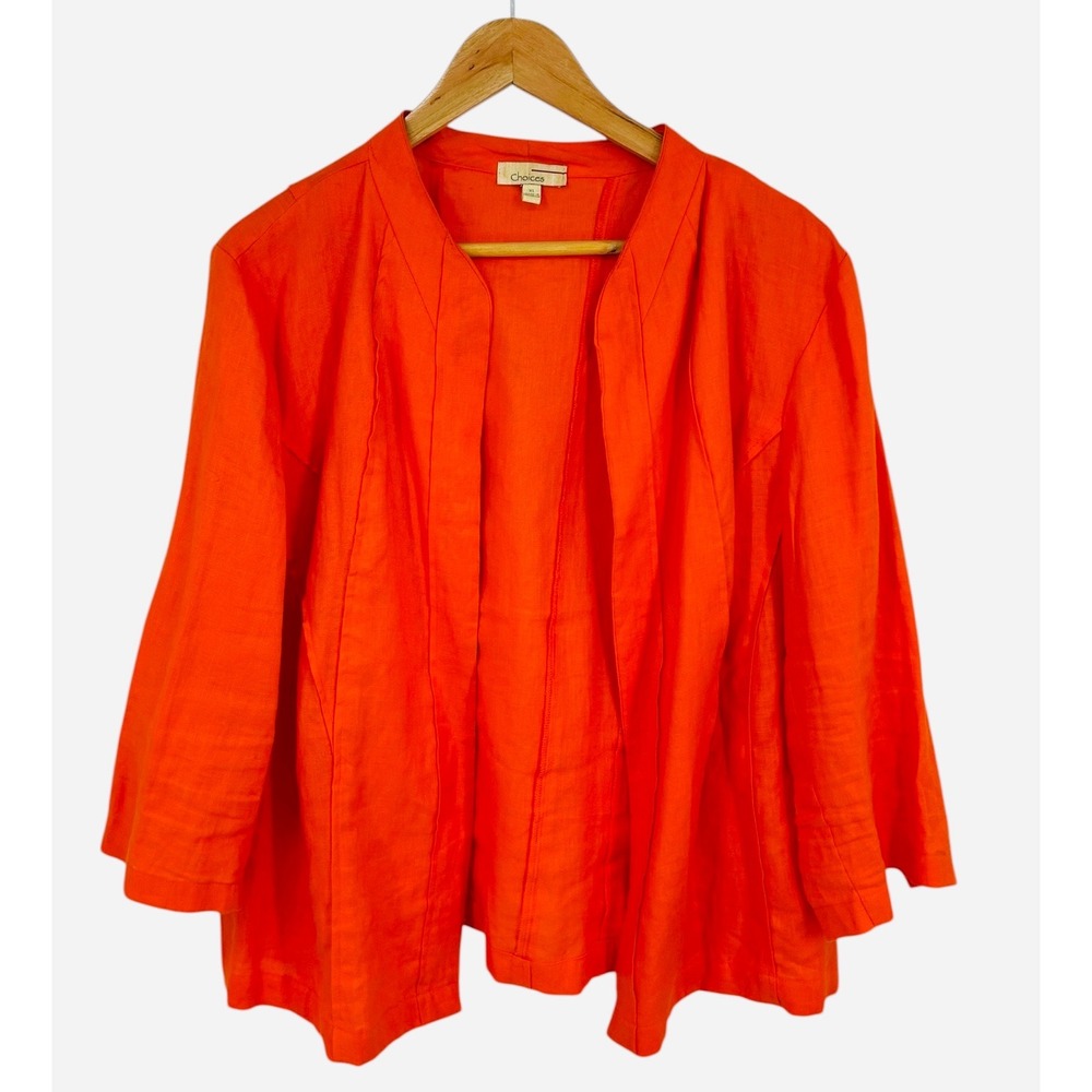 Choices Linen Blend Open Front 3/4 Sleeve Cropped Blazer Orange XL